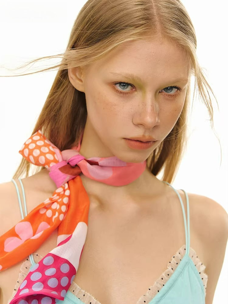 Orange Plaid Floral Ribbon Scarf