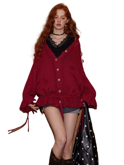 V-Neck Floral Tie Wool-Blend Knit Cardigan