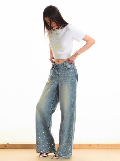 Washed Rhinestone Straight-Leg Wide-Leg Pants
