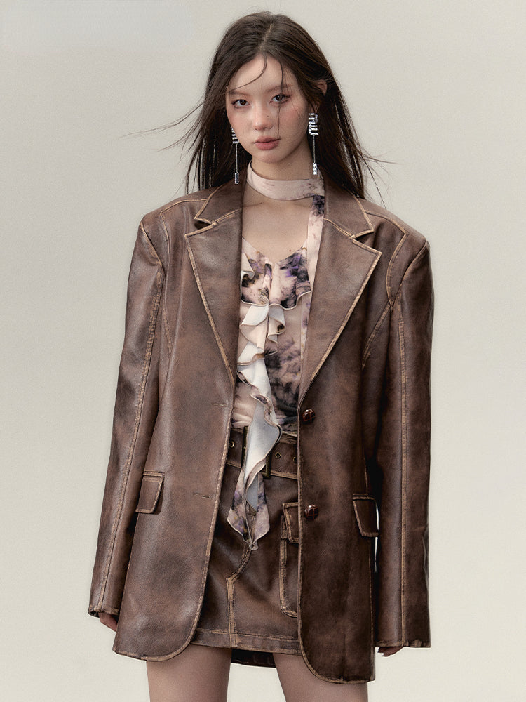 Vintage PU Leather Jacket &amp; Skirt Two-Piece Set