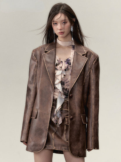 Vintage PU Leather Jacket &amp; Skirt Two-Piece Set