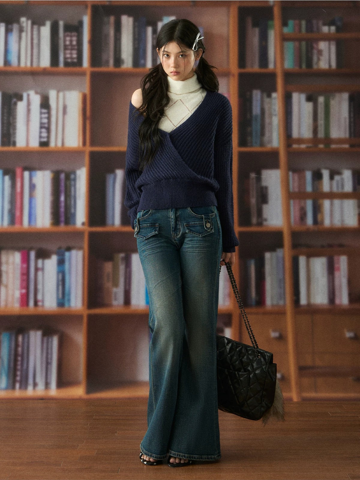 Oversized Deep V-Neck Wool Knit Sweater