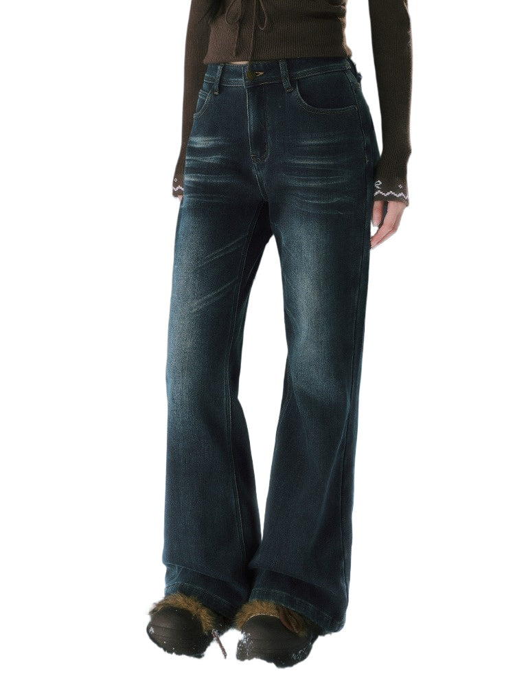 Navy Blue Retro Fleece-lined Flare Pants