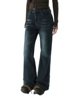 Navy Blue Retro Fleece-lined Flare Pants