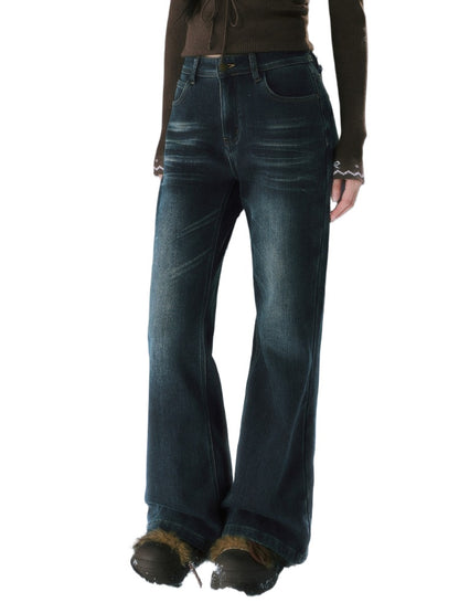 Navy Blue Retro Fleece-lined Flare Pants