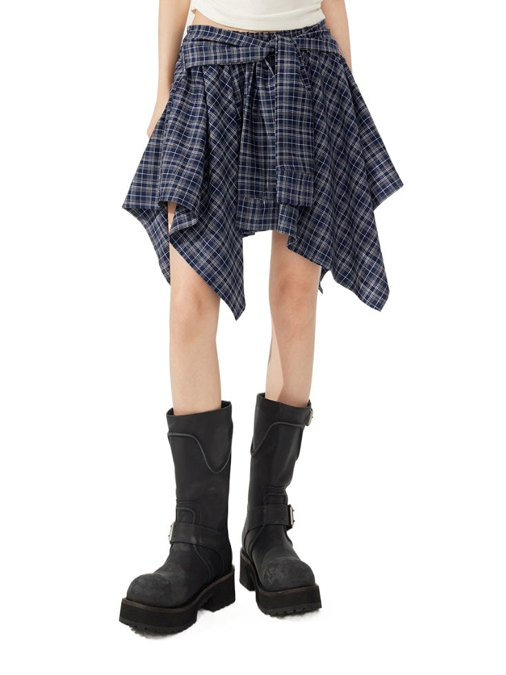 Plaid Tie Up Irregular Shirt Skirt
