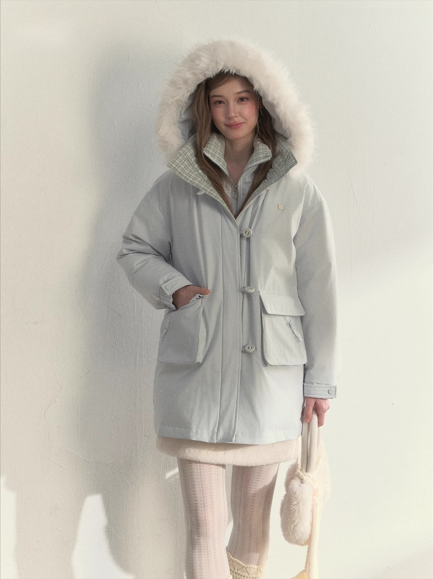 “Flowing Glacier” Patchwork Down Jacket with Fur Collar