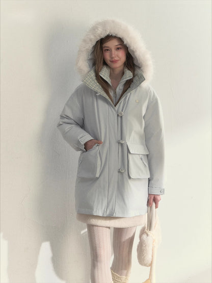 “Flowing Glacier” Patchwork Down Jacket with Fur Collar