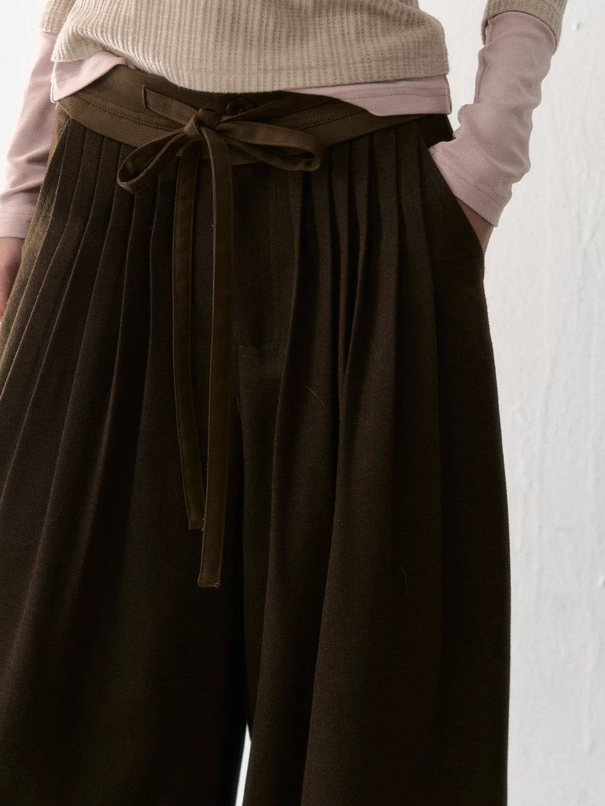 Pleated Tie-Waist Wide Leg Trousers