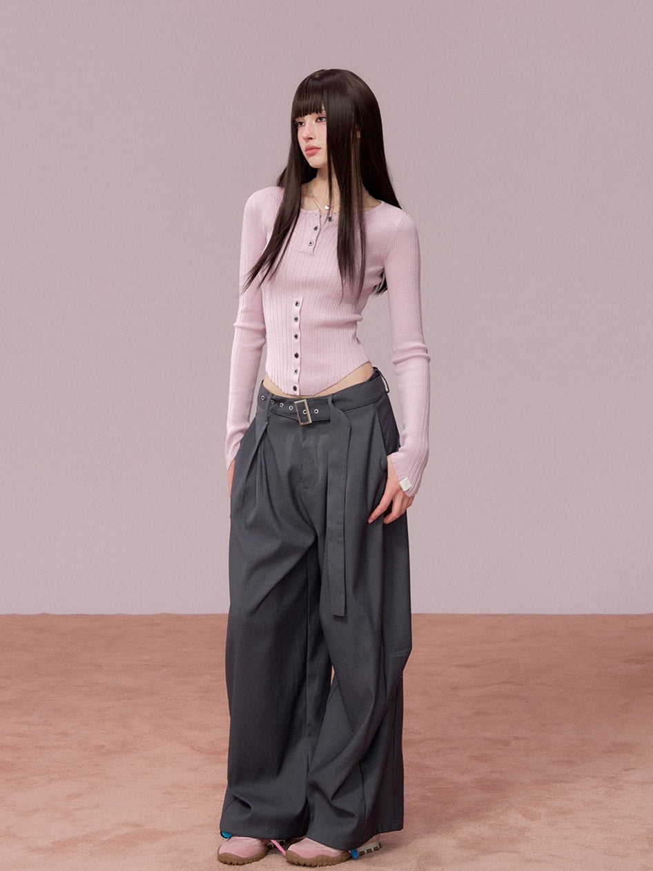 Ribbed Button Waist Knit T-shirt