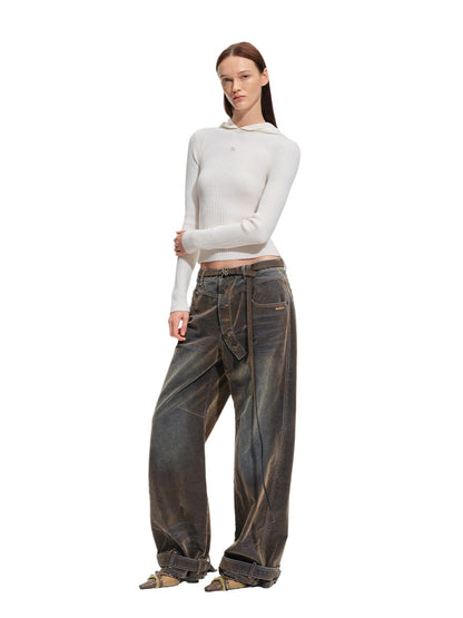 Terracotta Velvet-Washed Wide-Leg Jeans