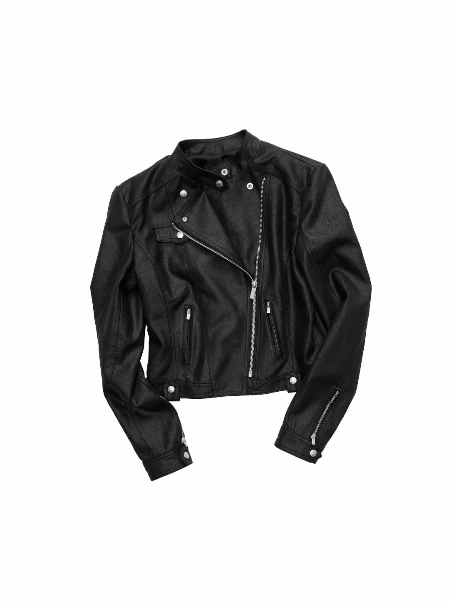 Vintage Washed Cracked Leather Fitted Moto Jacket