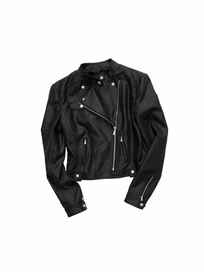 Vintage Washed Cracked Leather Fitted Moto Jacket