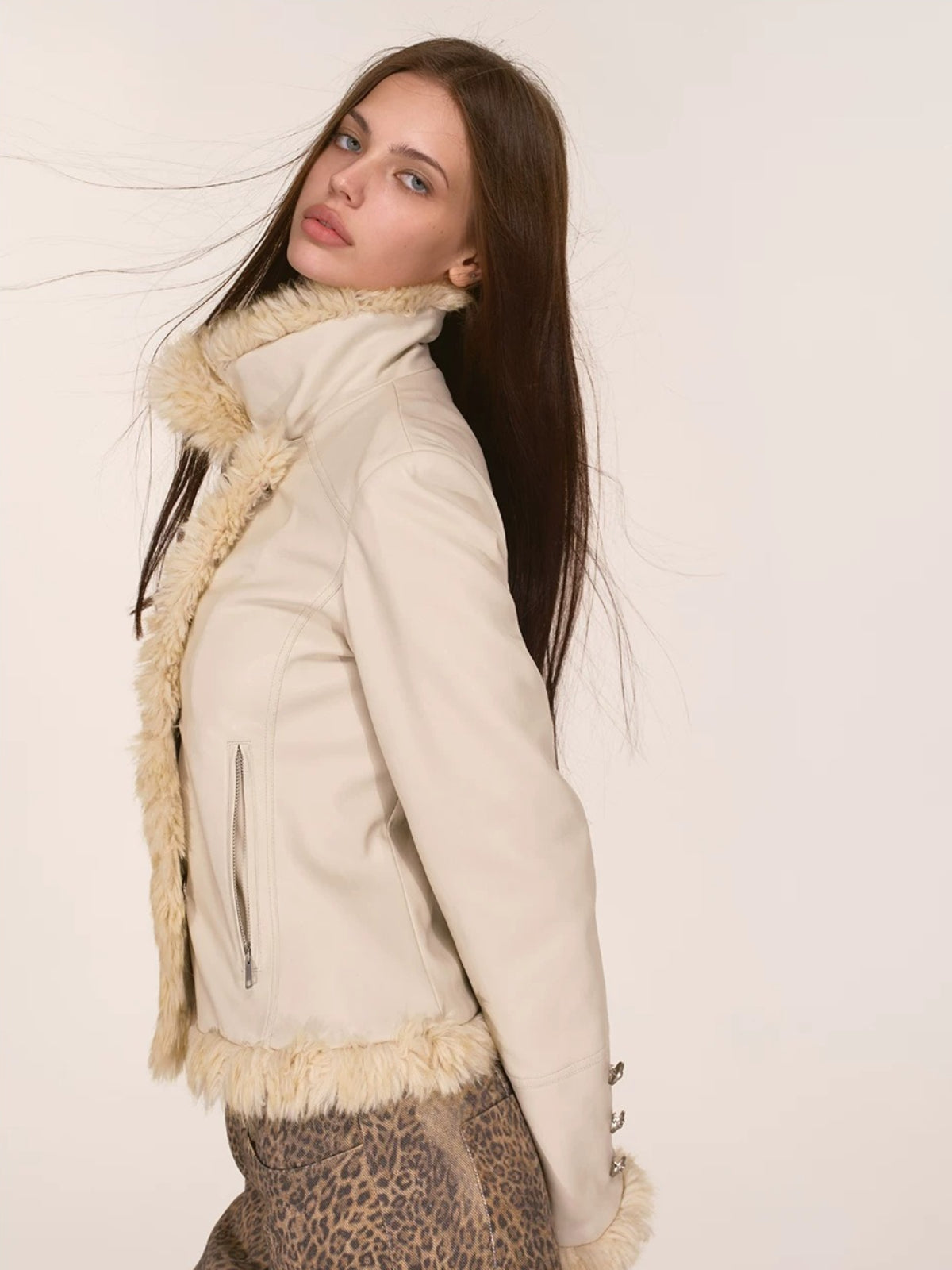 Asymmetric Fur-Trimmed Faux Leather Jacket