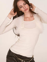 Fox Fur Trim Layered Halter Knit Top