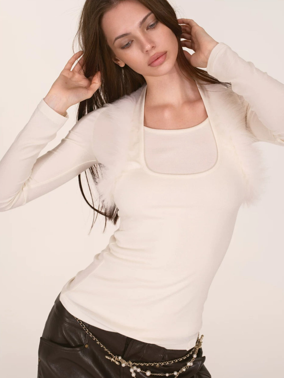Fox Fur Trim Layered Halter Knit Top