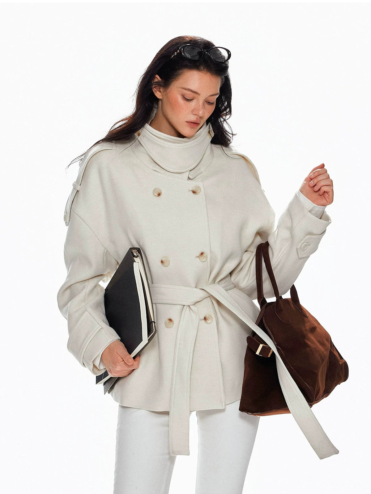Wool Double Breasted Belted Short Coat