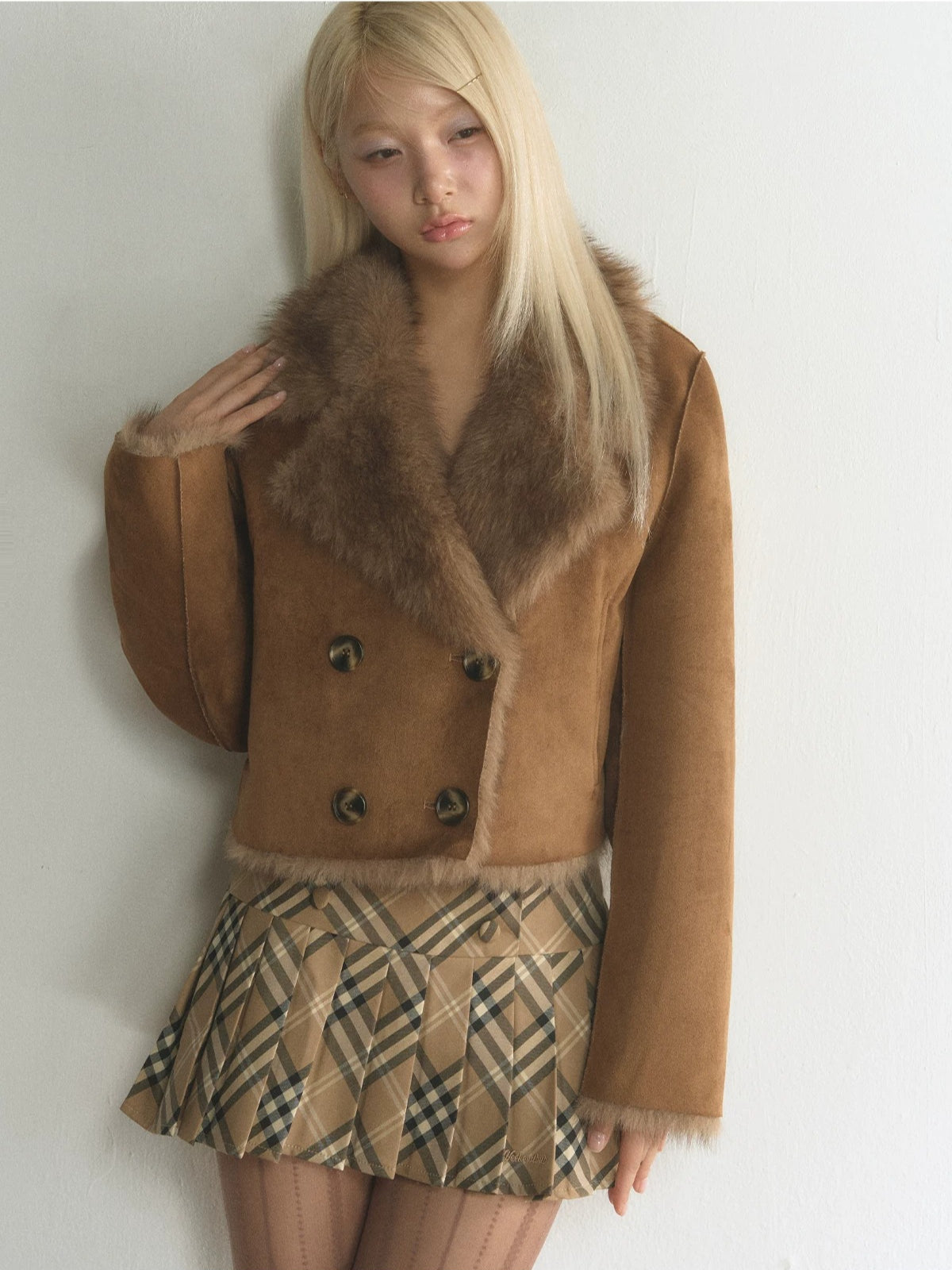Double-Breasted Faux Suede Fur Jacket