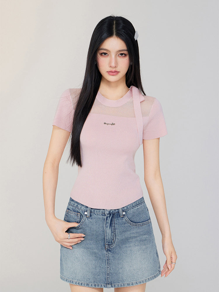 Hollow-out Tie-up Knit Round Neck Short Sleeve Top