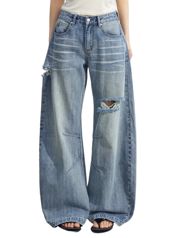 Distressed Curved Wide-Leg Jeans