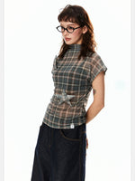 Vintage Plaid Mesh Short Sleeve Top