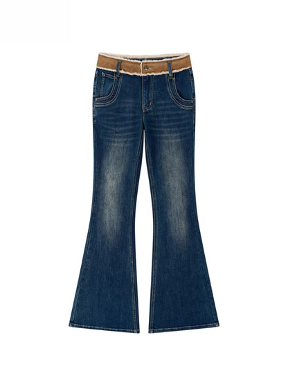 Color-Blocked Faux Fur Waist Slim Flare Jeans