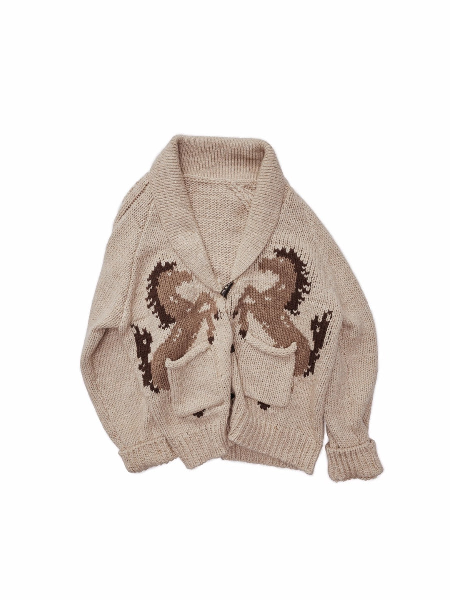 Pony Jacquard Horn-Button Chunky Cardigan