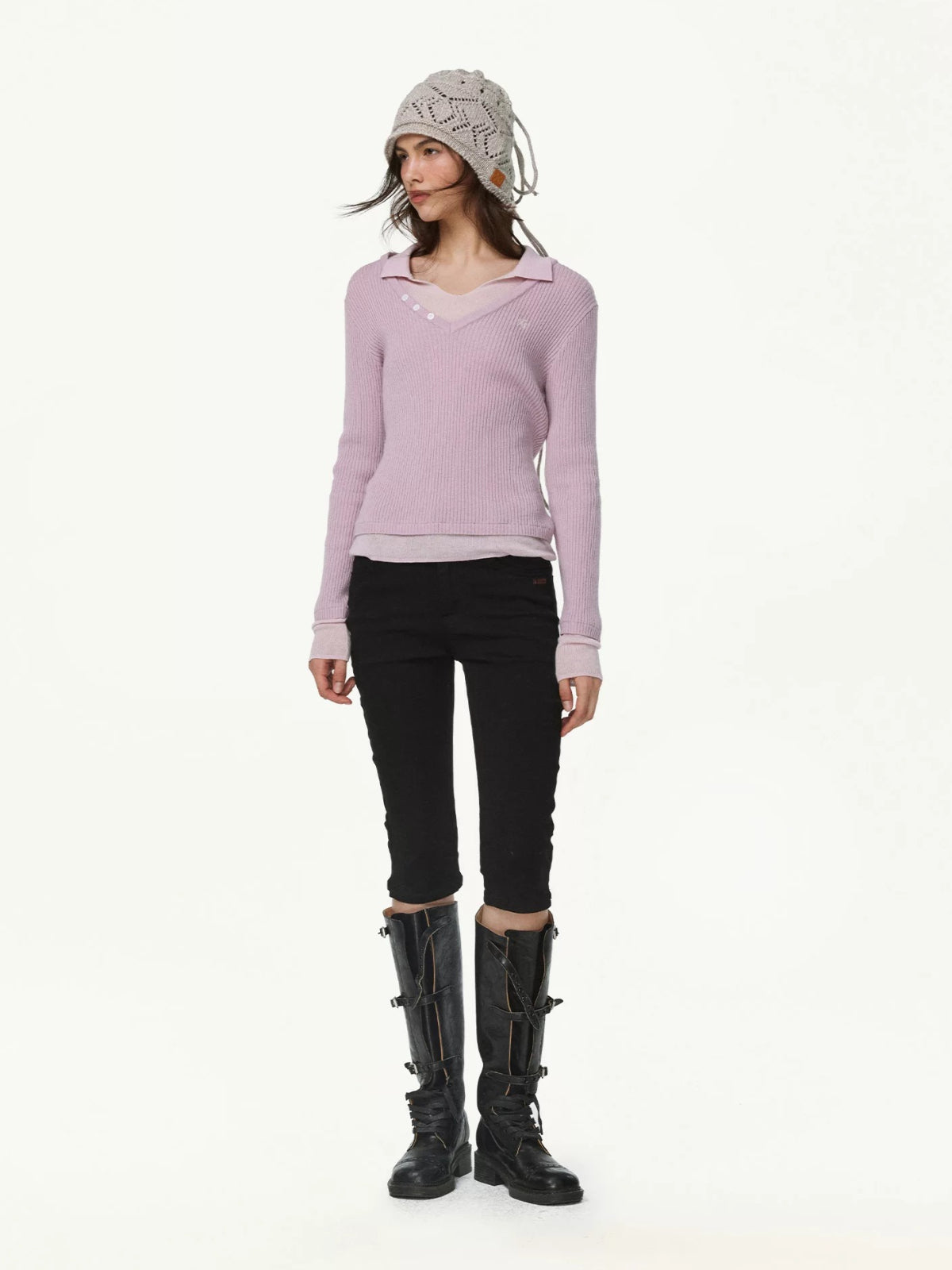 Contrast Layered V-Neck Wool Sweater