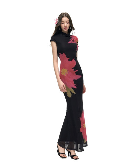 Black Floral Qipao Dress