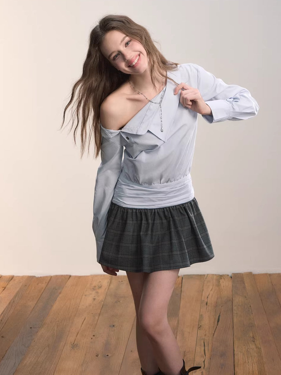 Blue Asymmetrical Shirt Plaid Mini Dress