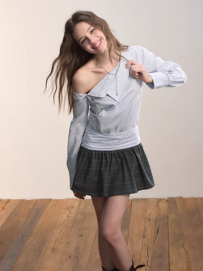 Blue Asymmetrical Shirt Plaid Mini Dress