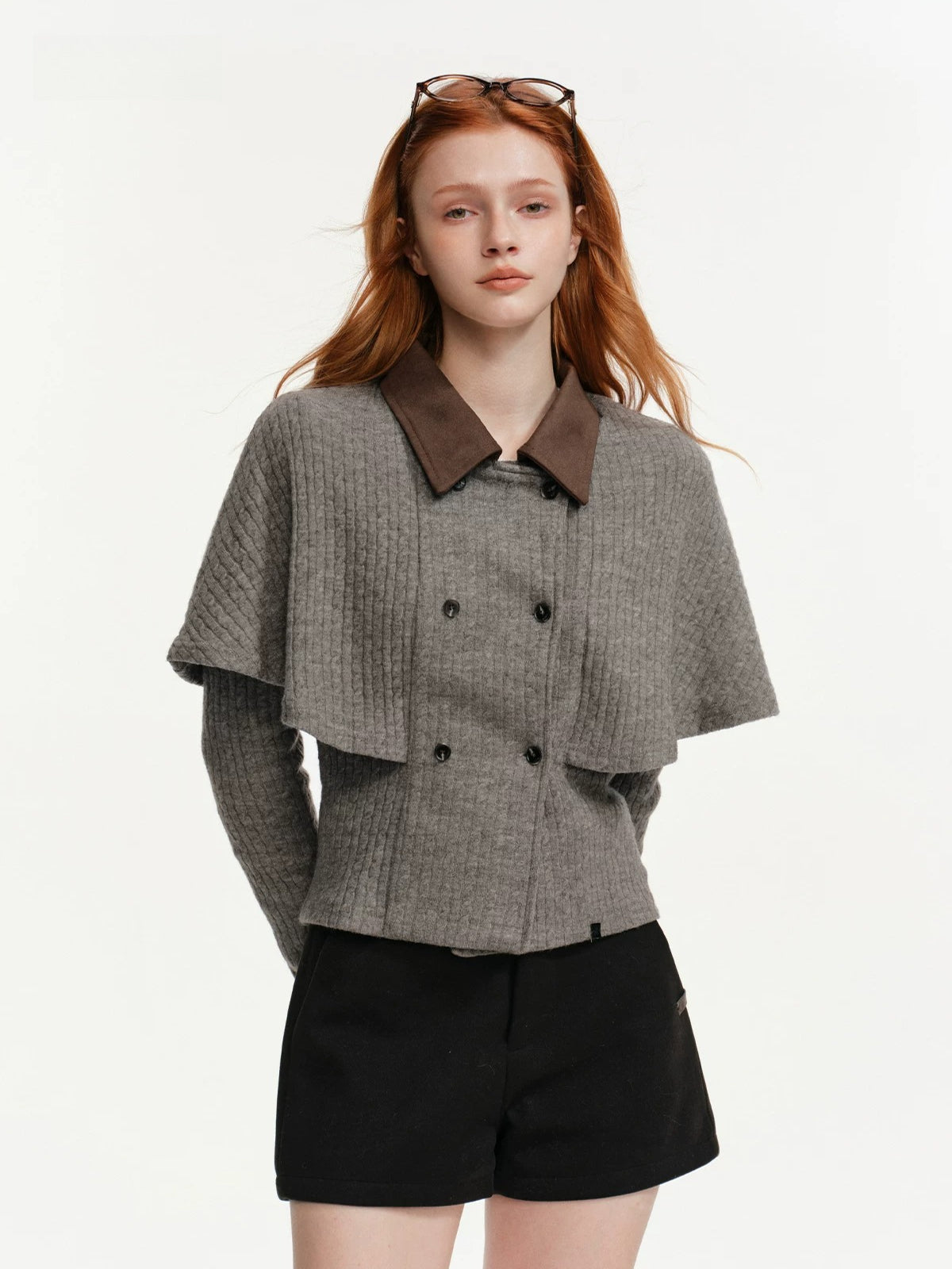 Contrast Collar Cable Knit Cape