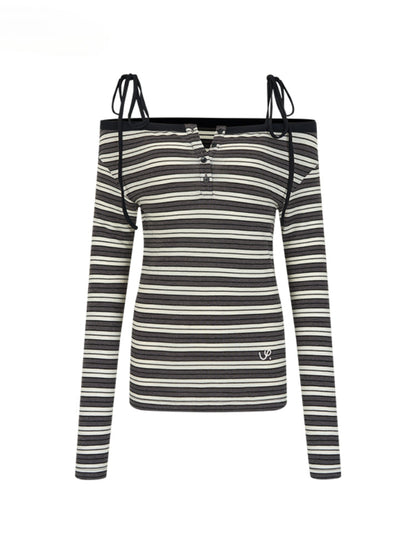 Tie-Button Off-Shoulder Long-Sleeve T-shirt