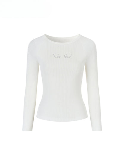 Rhinestone Heart Wings Slim Long-sleeved T-shirt
