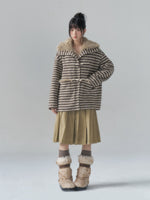 Striped Horn-Button Collar Coat