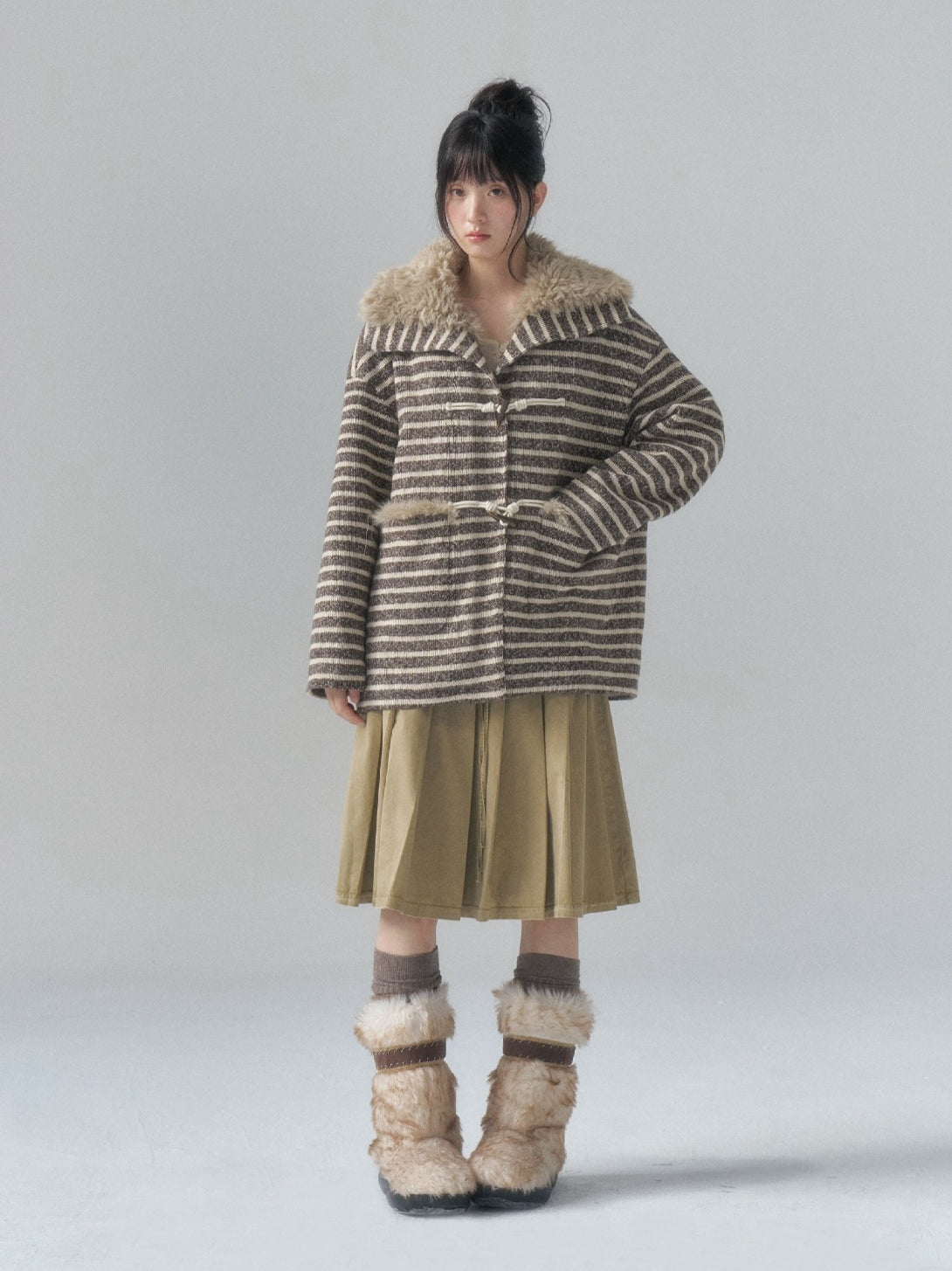 Striped Horn-Button Collar Coat