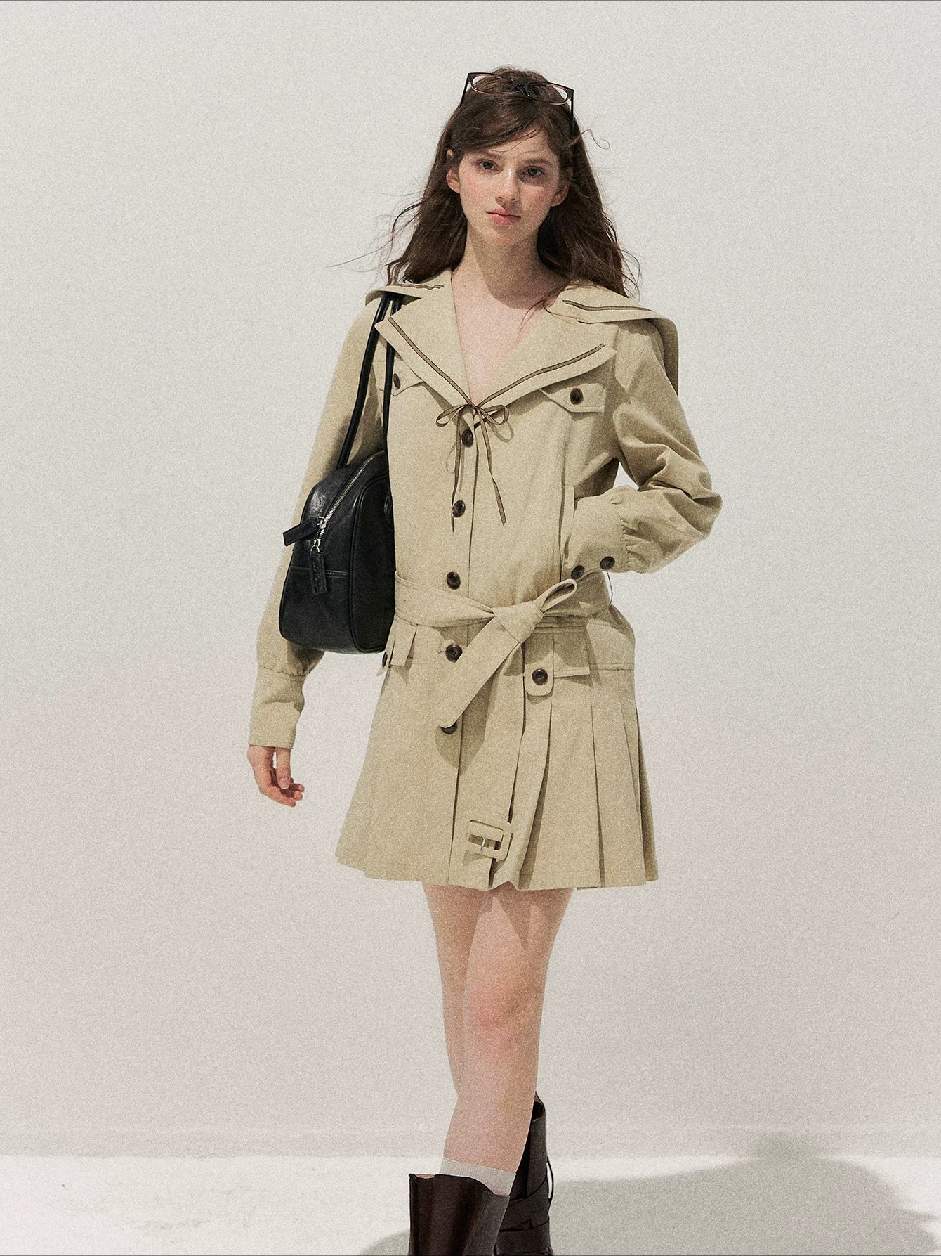 Sailor Collar Pleated Trench Coat
