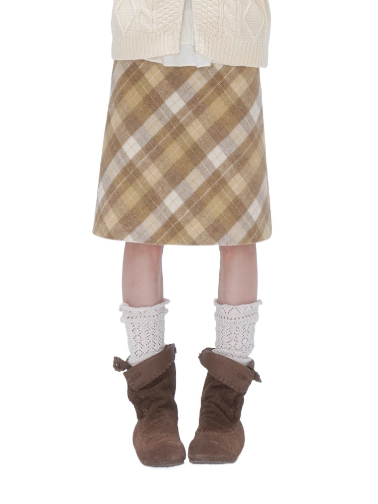 Yellow Plaid Wool-Blend A-Line Skirt