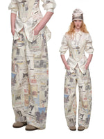 Cat Newspaper Print Canvas Pants