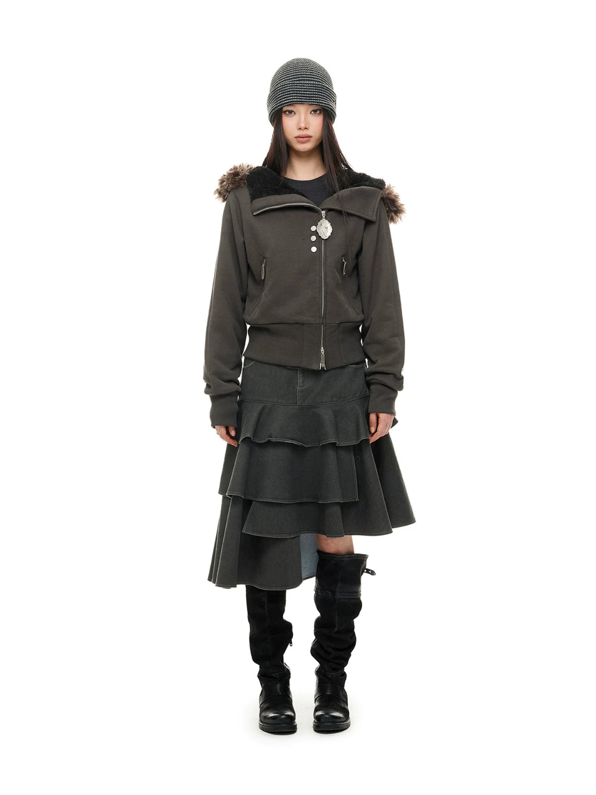 Hooded Cropped Fur Trim Jacket