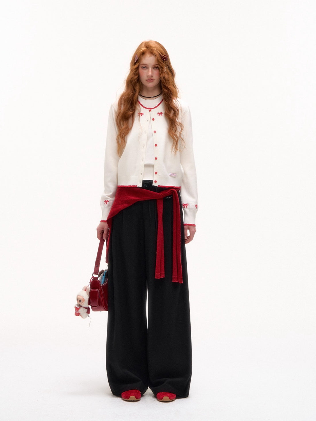 Lace-Trim Waist Tie Wide-Leg Pants