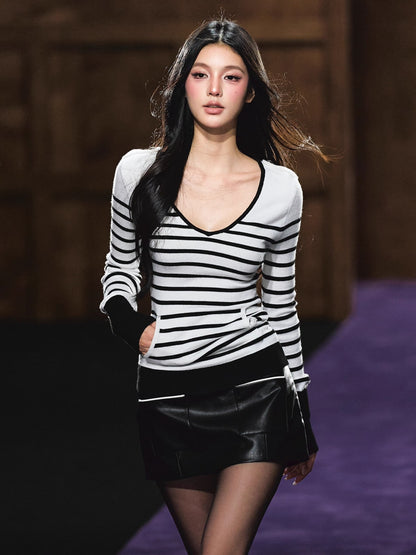 Contrast Panel Low-Rise PU Skirt