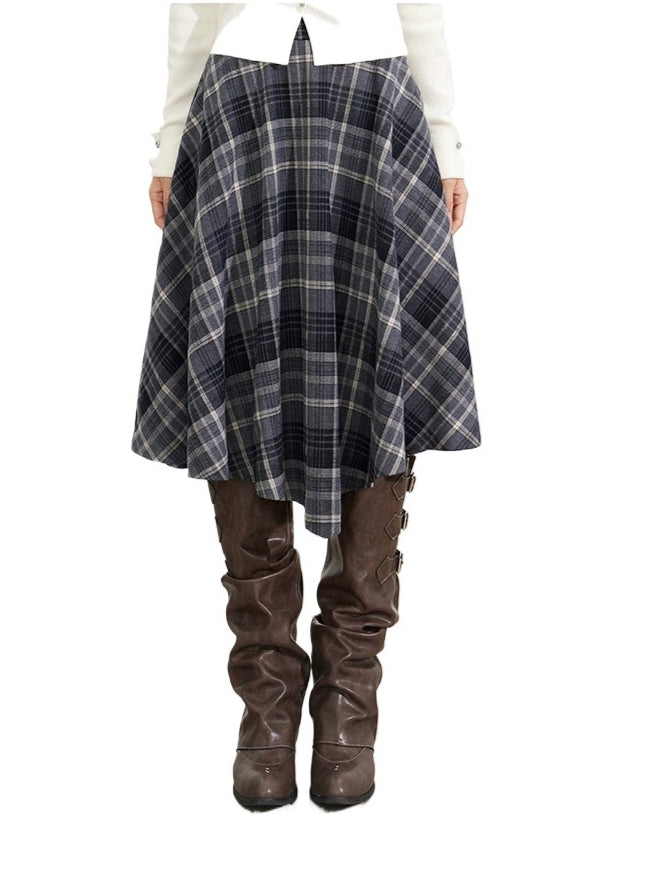 Navy Blue Plaid Wool Skirt