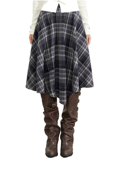 Navy Blue Plaid Wool Skirt