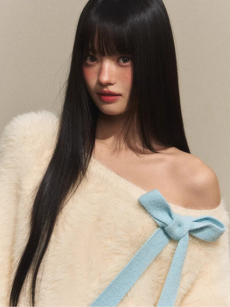 Bow Tie Off-Shoulder Knit Sweater