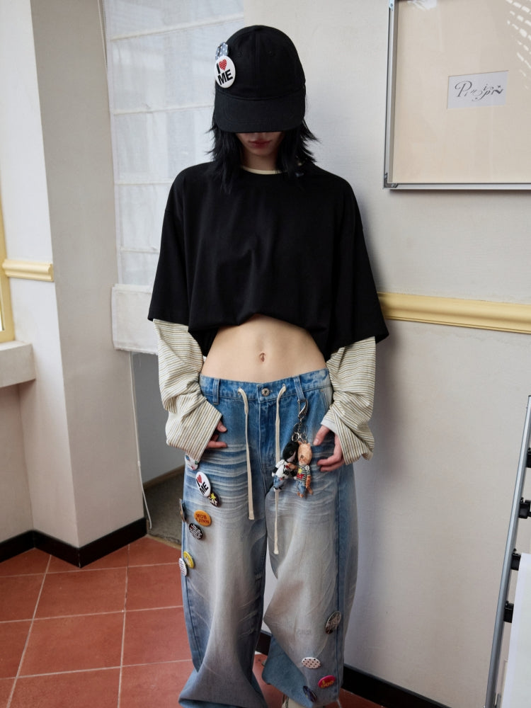 Fake Two-Piece Contrast Color Loose Striped T-Shirt