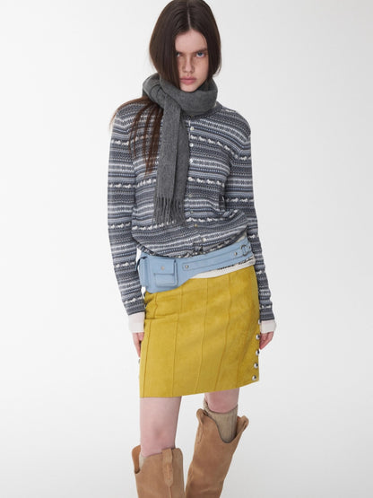 Fair Isle Pony Jacquard Drawstring Knit Cardigan