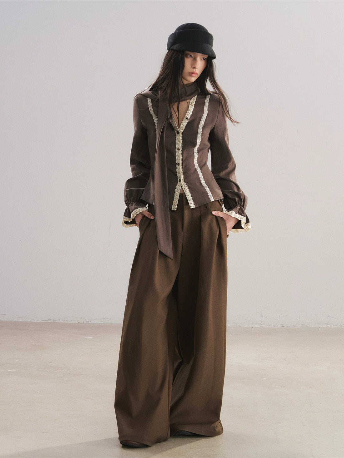 V-Neck Scarf Collar Blouse
