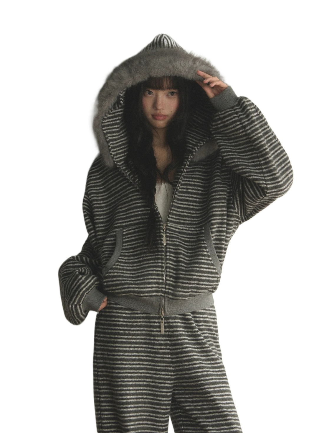 Striped Faux Fur Hooded Zip Cardigan
