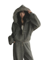 Striped Faux Fur Hooded Zip Cardigan